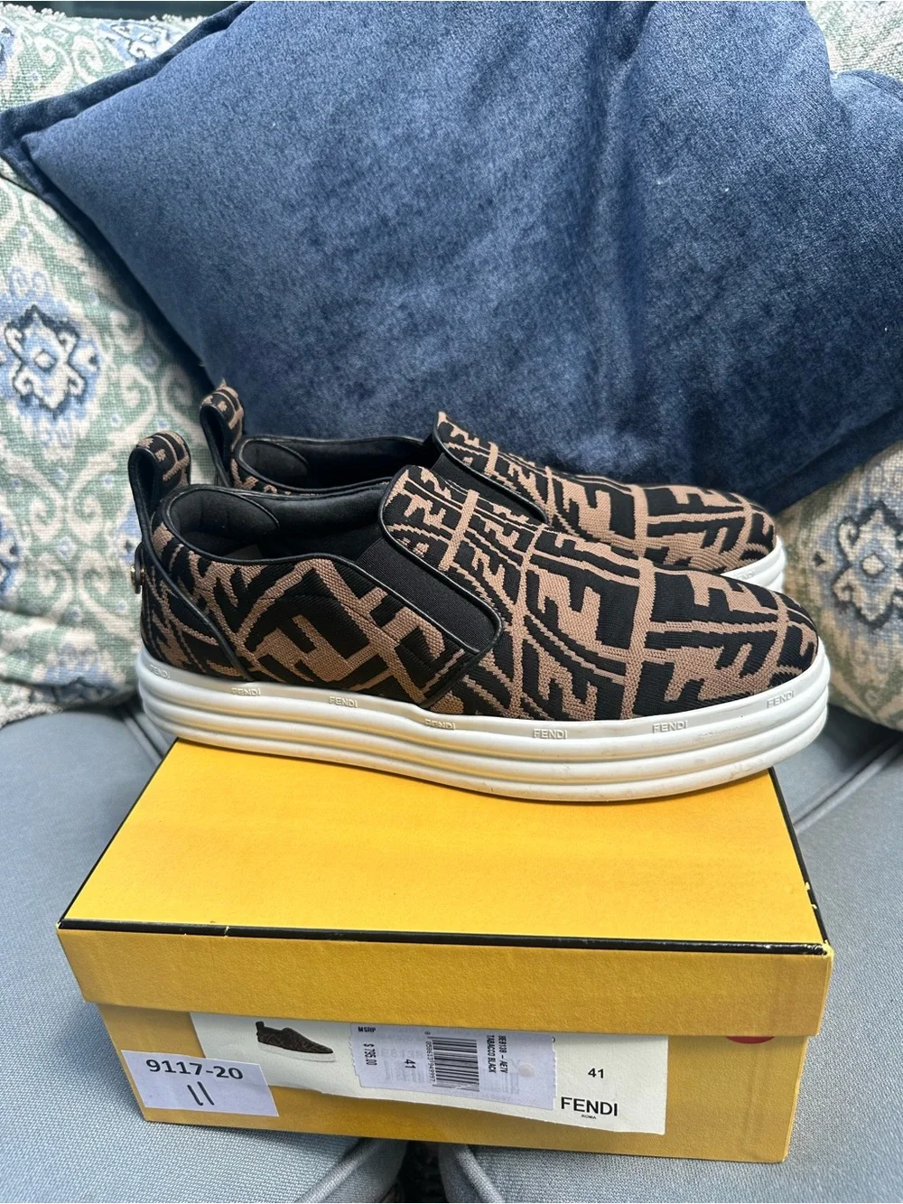 Fendi Brown & Black FF Logo Slip-On Sneakers Size 41